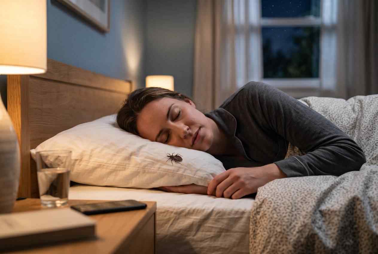 Bed Bug Crawling Pillow Sleeping Woman A woman sleeping peacefully in bed at night with a pest crawling on her pillow, highlighting potential bed bug or nocturnal pest infestations.