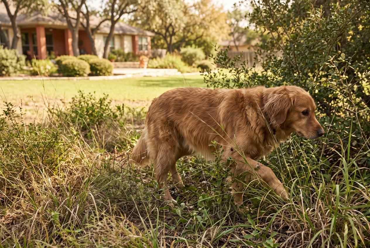 Golden Retriever Walking Tall Grass Suburban Yard A golden retriever walking through tall grass and foliage near bushes in a suburban residential backyard, illustrating areas where outdoor pests like ticks, fleas, and scorpions might hide.