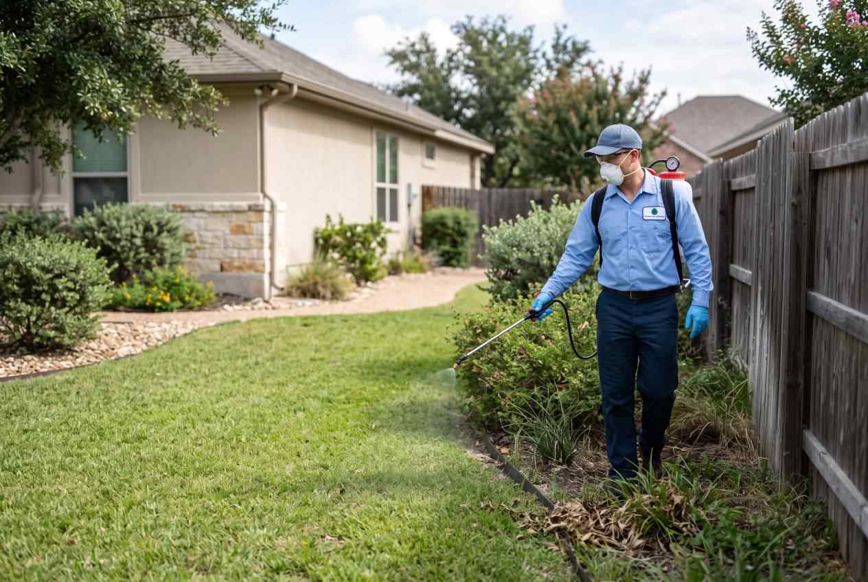 Pest Control Technician Spraying Residential Yard Texas A professional pest control technician wearing protective equipment sprays pest treatment along a wooden fence line in a suburban backyard.