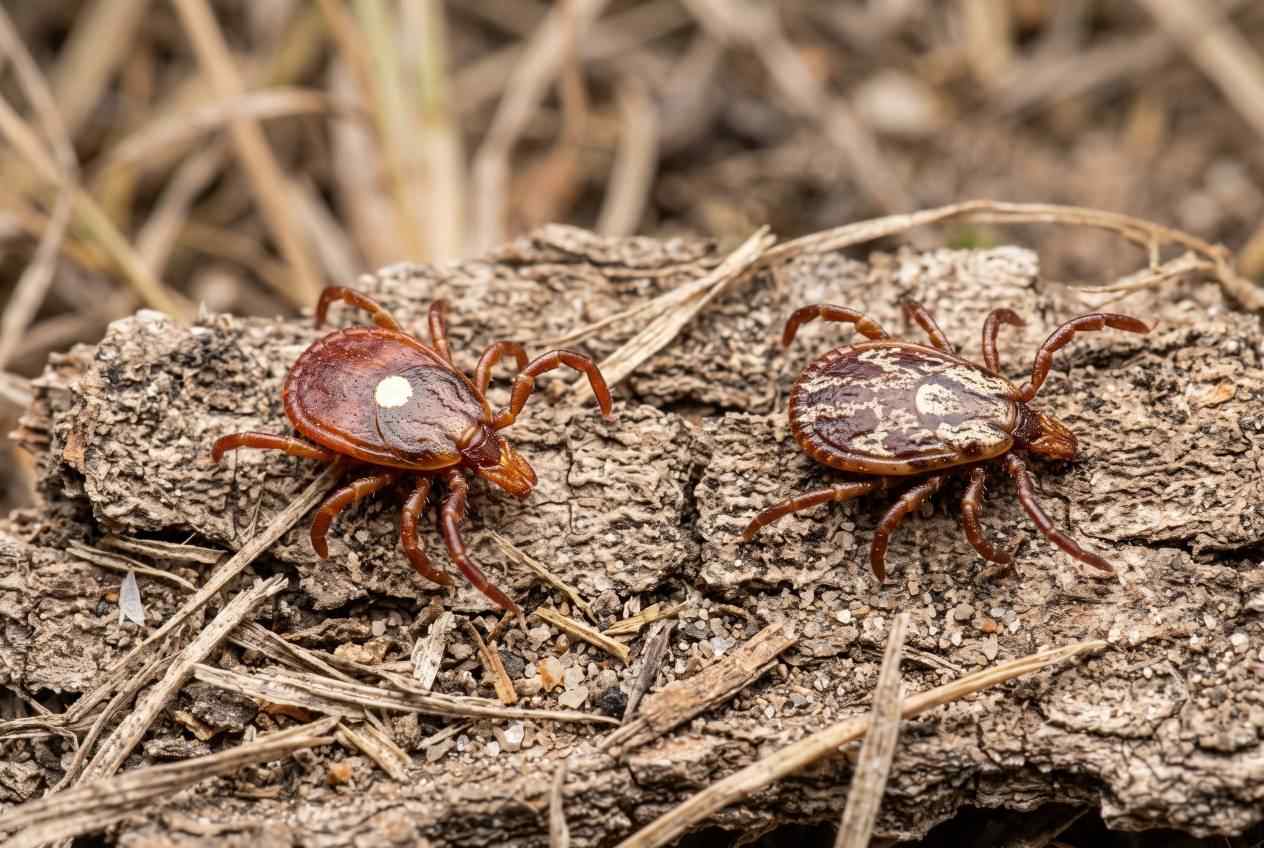 Texas Lone Star And Dog Ticks On Bark Macro view of a female Lone Star tick with a distinct white spot on its back next to an American dog tick crawling on tree bark.