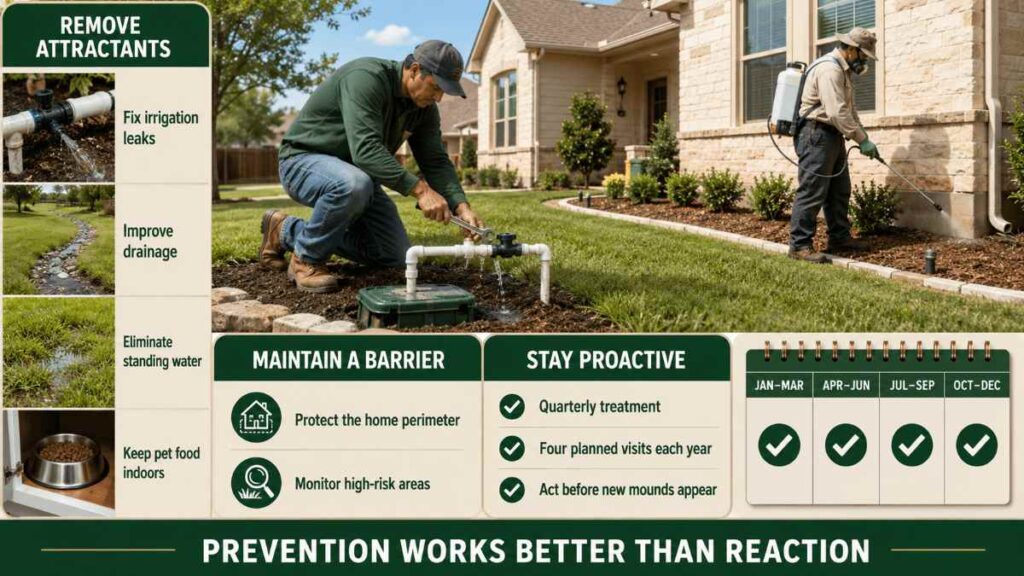 Fire Ants in Texas: What Every Homeowner Needs to Know 6 An informative infographic titled Prevention Works Better Than Reaction by Beeline Pest Control, detailing steps to prevent fire ants including fixing leaks, maintaining perimeter barriers, and scheduling quarterly treatments.