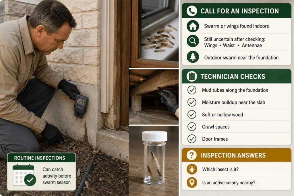 Flying Ants or Termites? How to Tell What Is Really Swarming Your Texas Home 5 Pest control technician inspecting a home's foundation alongside an infographic outlining when to schedule a professional termite and pest inspection.