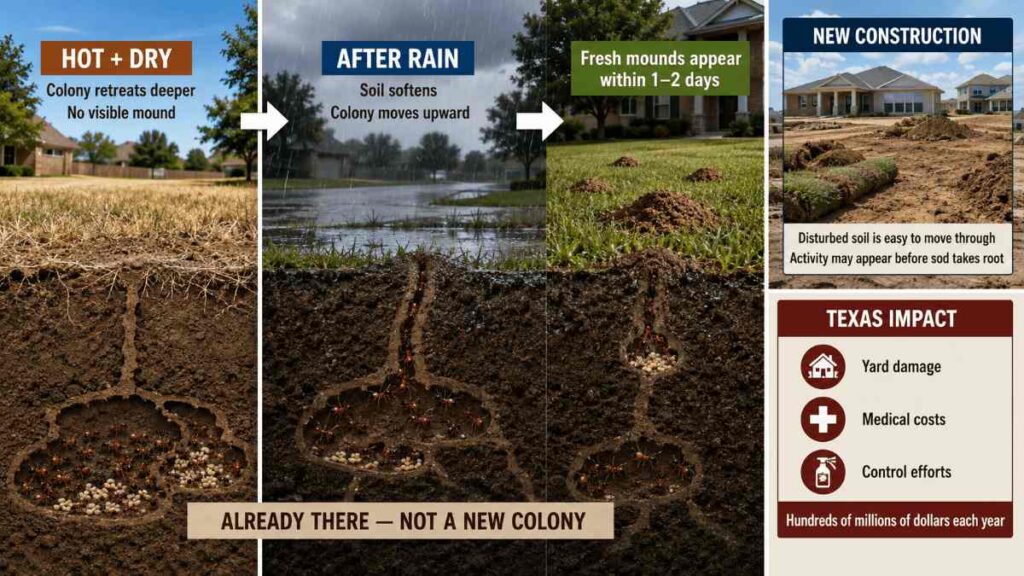 Fire Ants in Texas: What Every Homeowner Needs to Know 2 Educational infographic explaining why fire ant mounds appear overnight in Texas, illustrating underground nest movement during hot dry weather versus after rain.