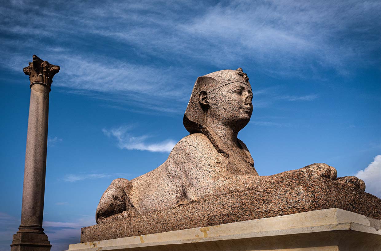 The Great Sphinx of Giza, a monumental limestone statue, stands guard near the Pyramids of Giza in Cairo, Egypt.