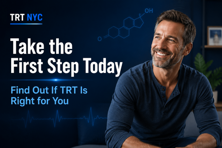 Confident man exploring testosterone health information, find out if TRT is right for you with TRT NYC