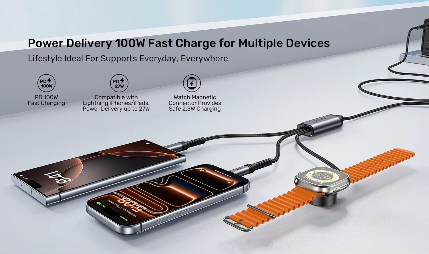 UNITEK C14180AGY01 1.2M 3 in 1 cable offers 100W USB C PD, 27W Lightning, 2.5W Apple Watch 001 UNITEK C14180AGY01 1.2M 3 in 1 cable offers 100W USB C PD, 27W Lightning, 2.5W Apple Watch 001
