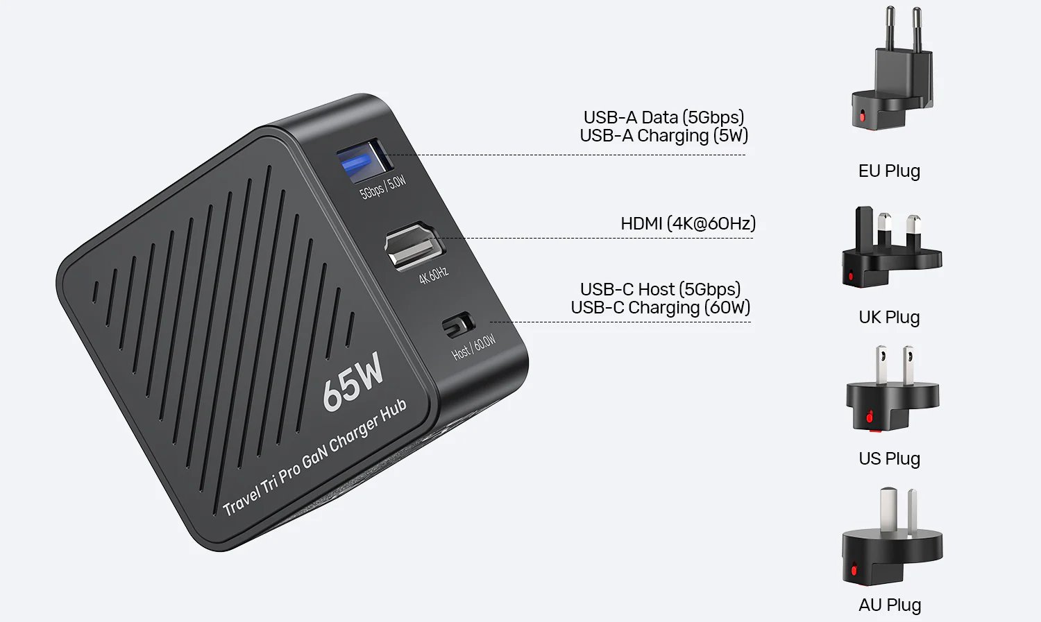 UNITEK Travel Tri Pro 65W 3-in-1 GaN Charger Hub (EU/US/UK/AU Plugs) GaN Fast Charging 60W USB-C + 5W USB-A + 4K@60Hz HDMI UNITEK Travel Tri Pro 65W 3-in-1 GaN Charger Hub (EU/US/UK/AU Plugs) GaN Fast Charging 60W USB-C + 5W USB-A + 4K@60Hz HDMI