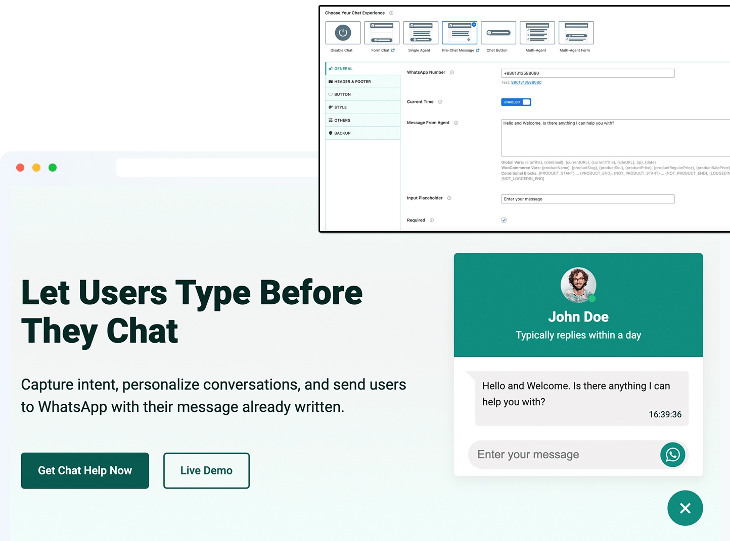 WhatsApp pre filled message WordPress