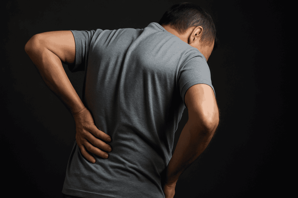 Male suffering from back pain holding his lower back.
