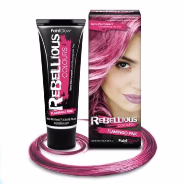 Tube de coloration cheveux rose Flamingo Pink Rebellious avec son emballage et mèche de présentation