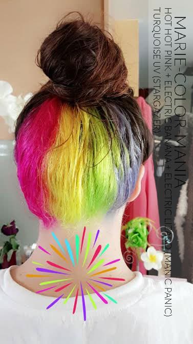 Merci Marie ! Hot Hot Pink, Electric Banana, Electric Lizard (Manic Panic) et Turquoise UV (Stargazer)
