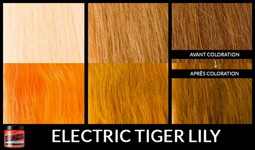 rendu de la coloration electric tiger lily sur différente couleur de cheveux