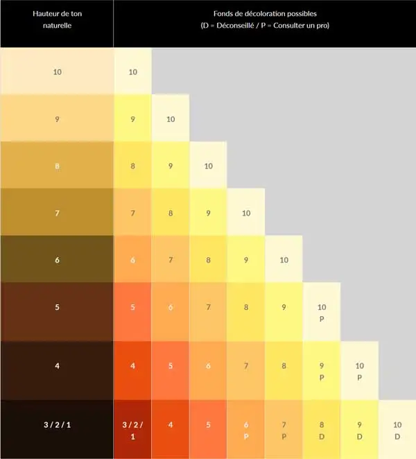 Tableau des hauteurs de tons selon la couleur naturelle du cheveux pour une décoloration
