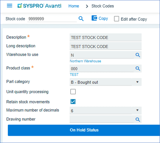 Stock code - SYSPRO Stock Code Creation