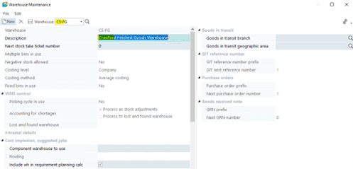 Warehouse Maintenance Screen - SYSPRO Warehouse Create