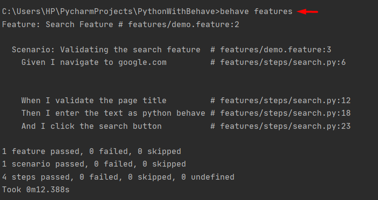 Output of behave feature