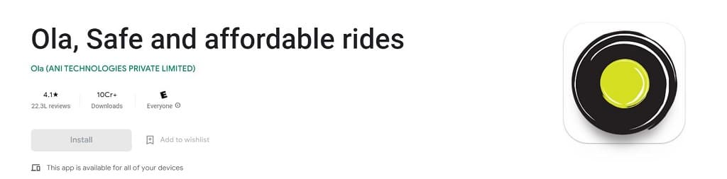 image of OLA cab app