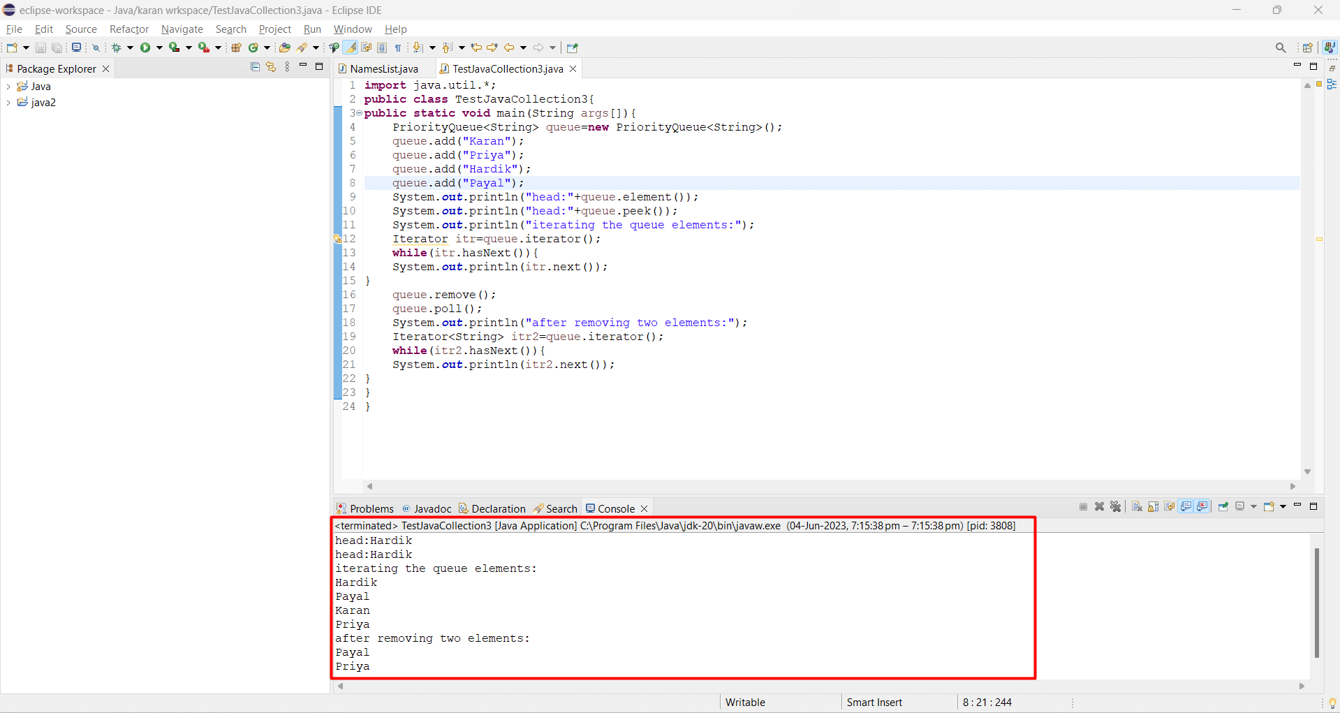 Image of priority queue Output