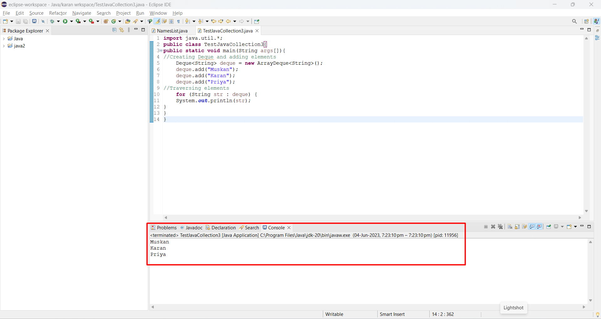 output image of Arrayqueue