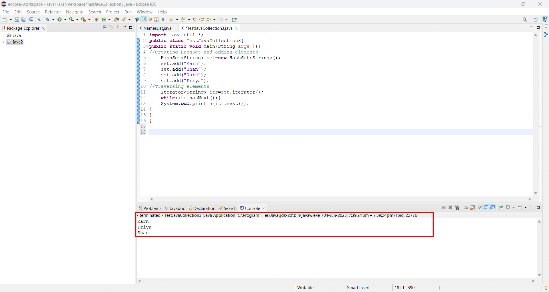 Output of hashset image