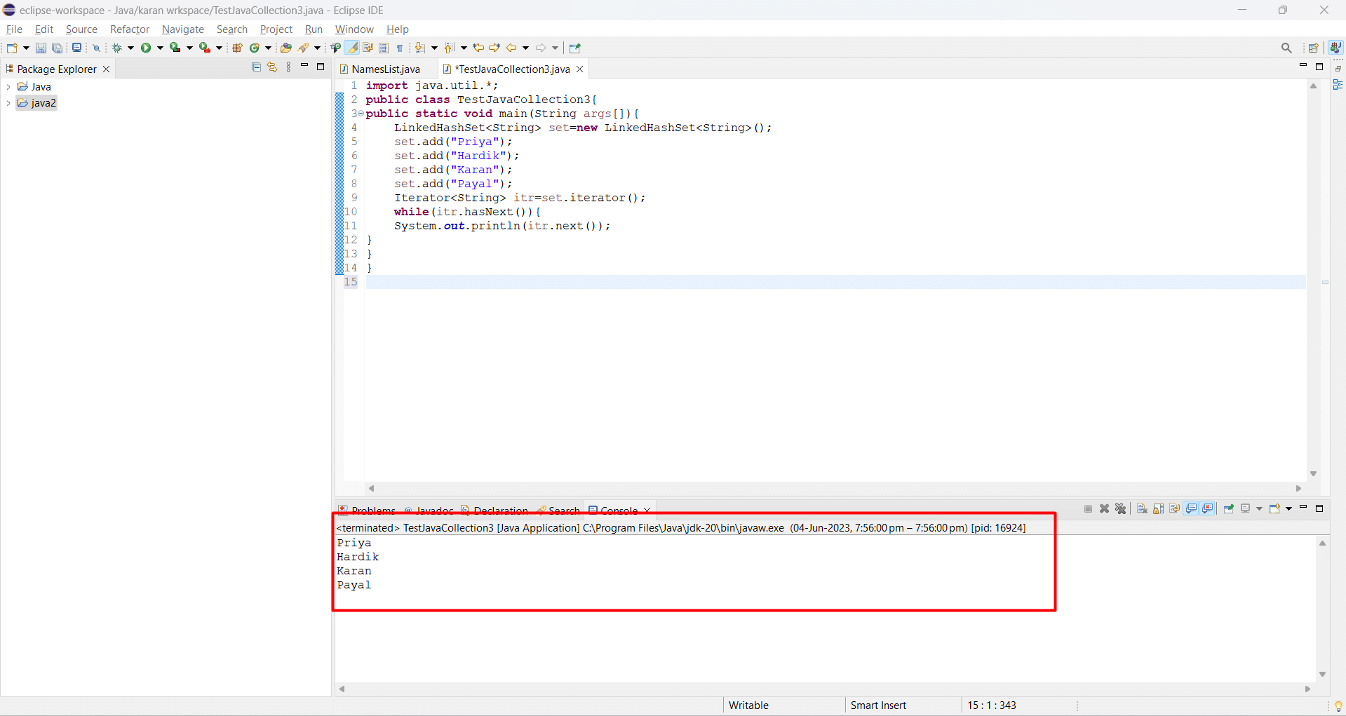 image of output of Linkedhashset