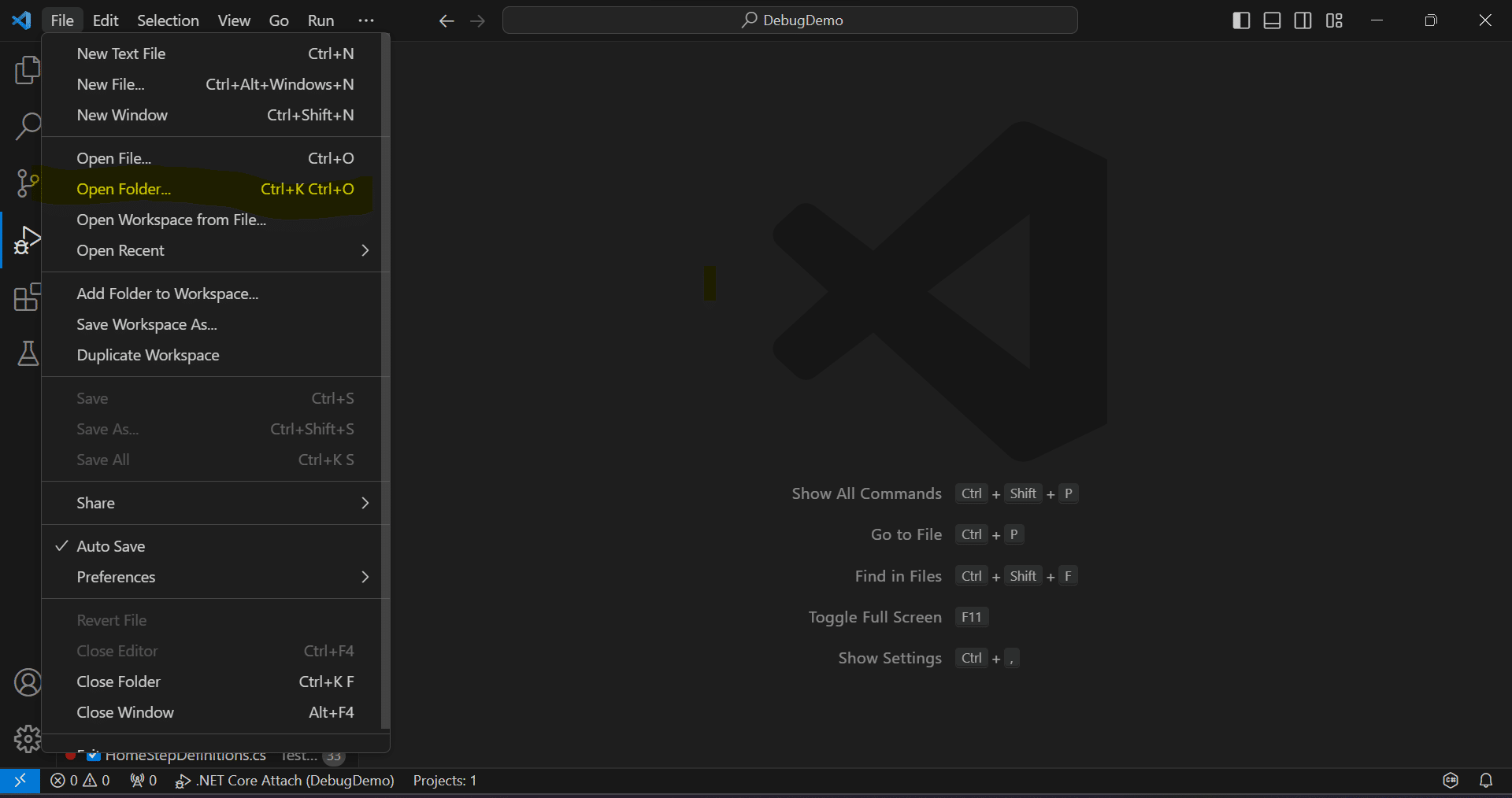 Image of VS code menu