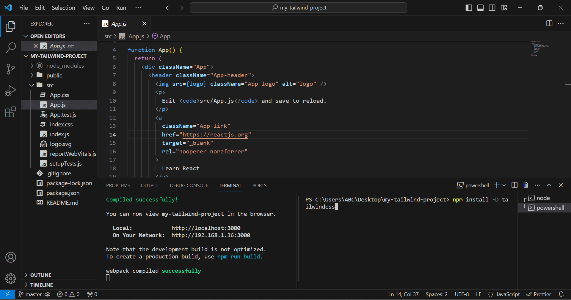 Image of npm install -D tailwindcss