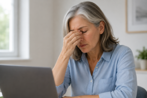 Older adult using a laptop while gently rubbing tired, dry eyes in a bright home office, illustrating digital eye strain and dry eye symptoms.