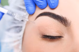 close up of woman getting injection under eye brow, eye closed