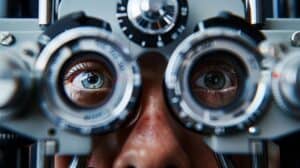 A man is undergoing an eye examination by an ophthalmologist to ensure his vision is safe for driving. He may need eyewear for Automotive lighting and Personal protective equipment for driving safety