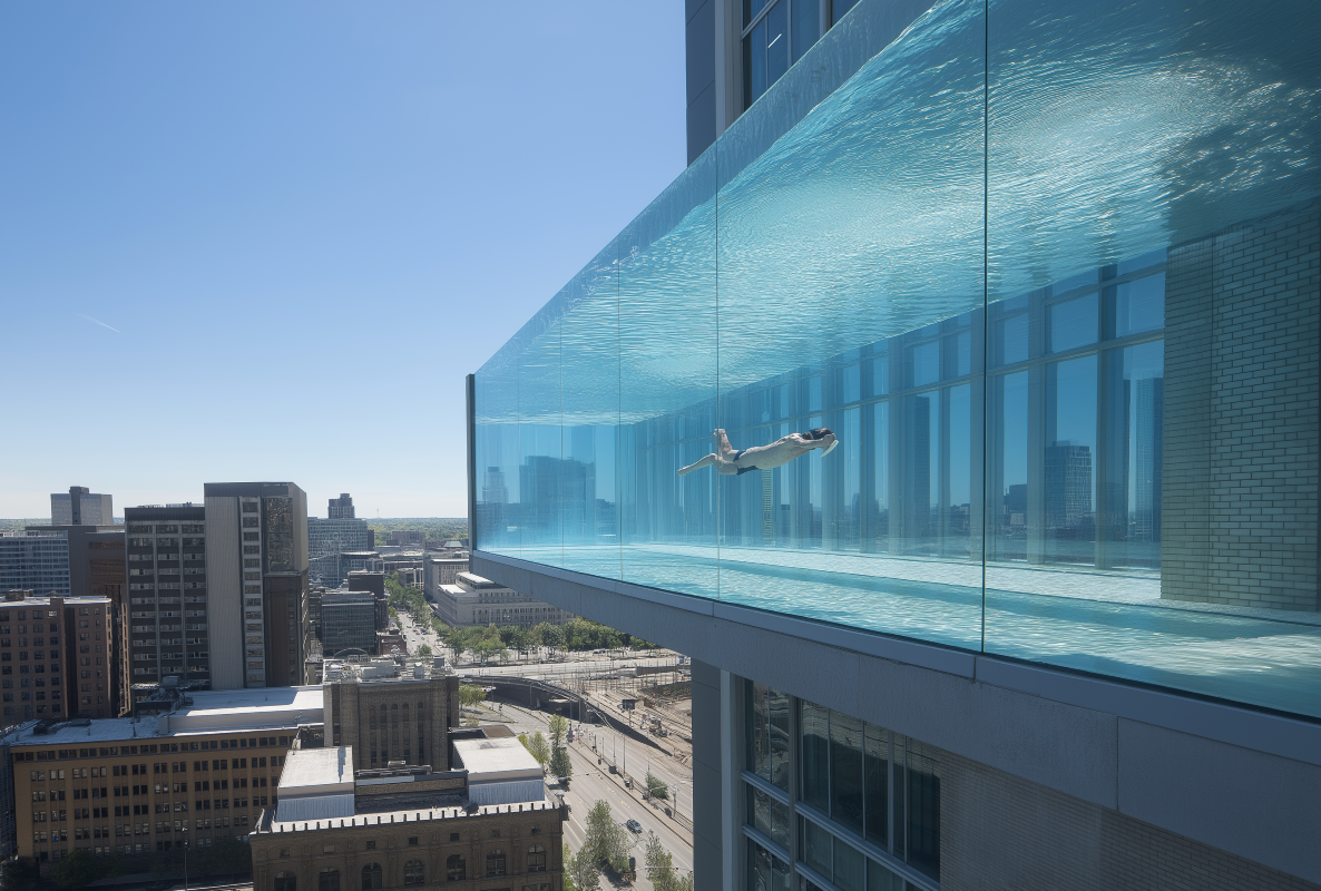 piscine fond vitré suspendu luxe