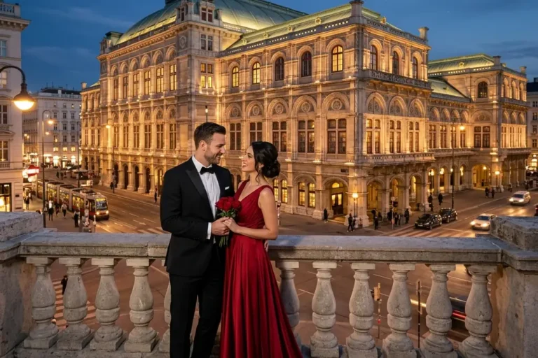 Professional photoshoot at Vienna State Opera viewed from Albertina Terrace in Vienna featuring a solo traveler. Captured with high-end cinematic detail.