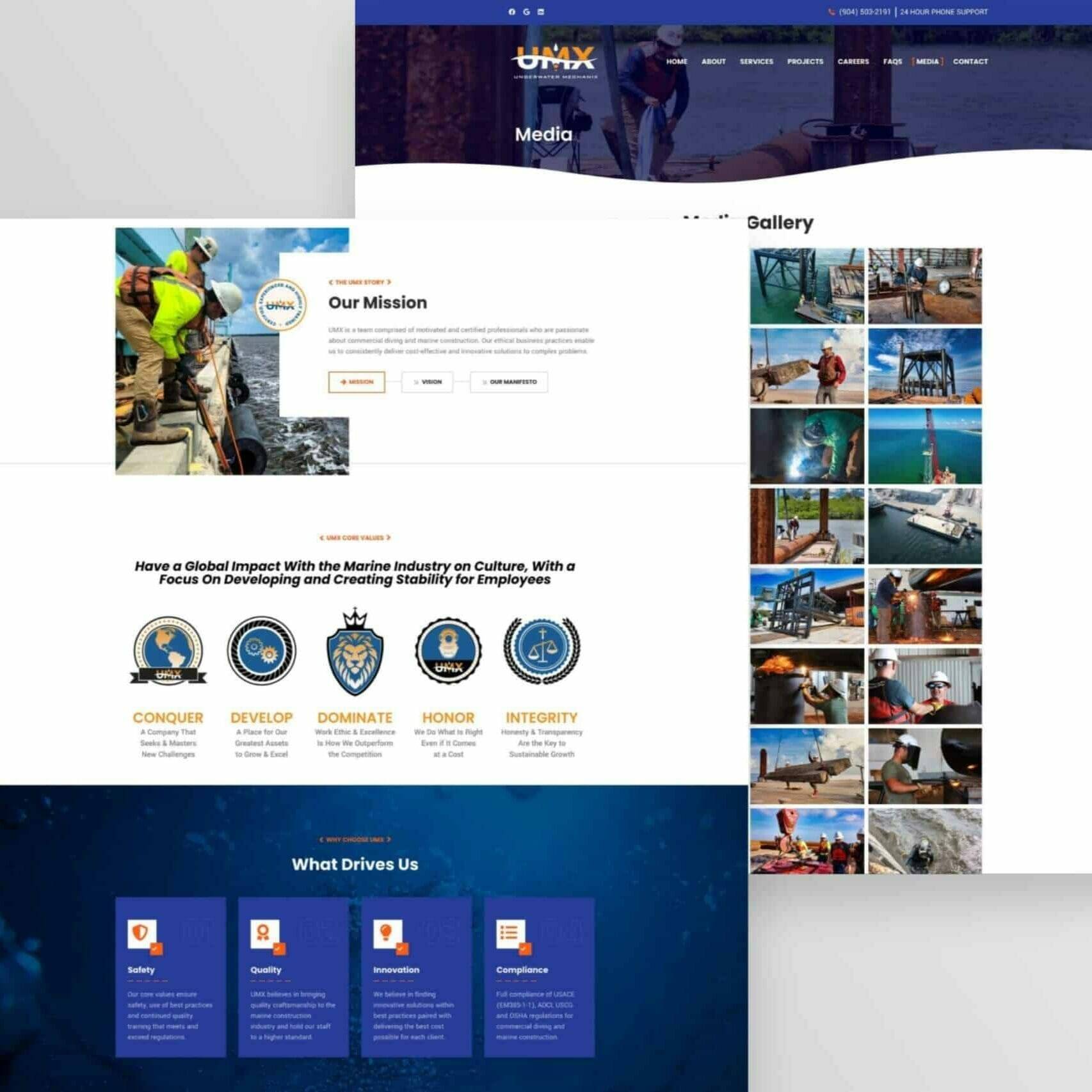 Underwater Mechanix 6 Website design for Underwater Mechanix showcasing commercial diving web design with a focus on underwater themes and visuals.