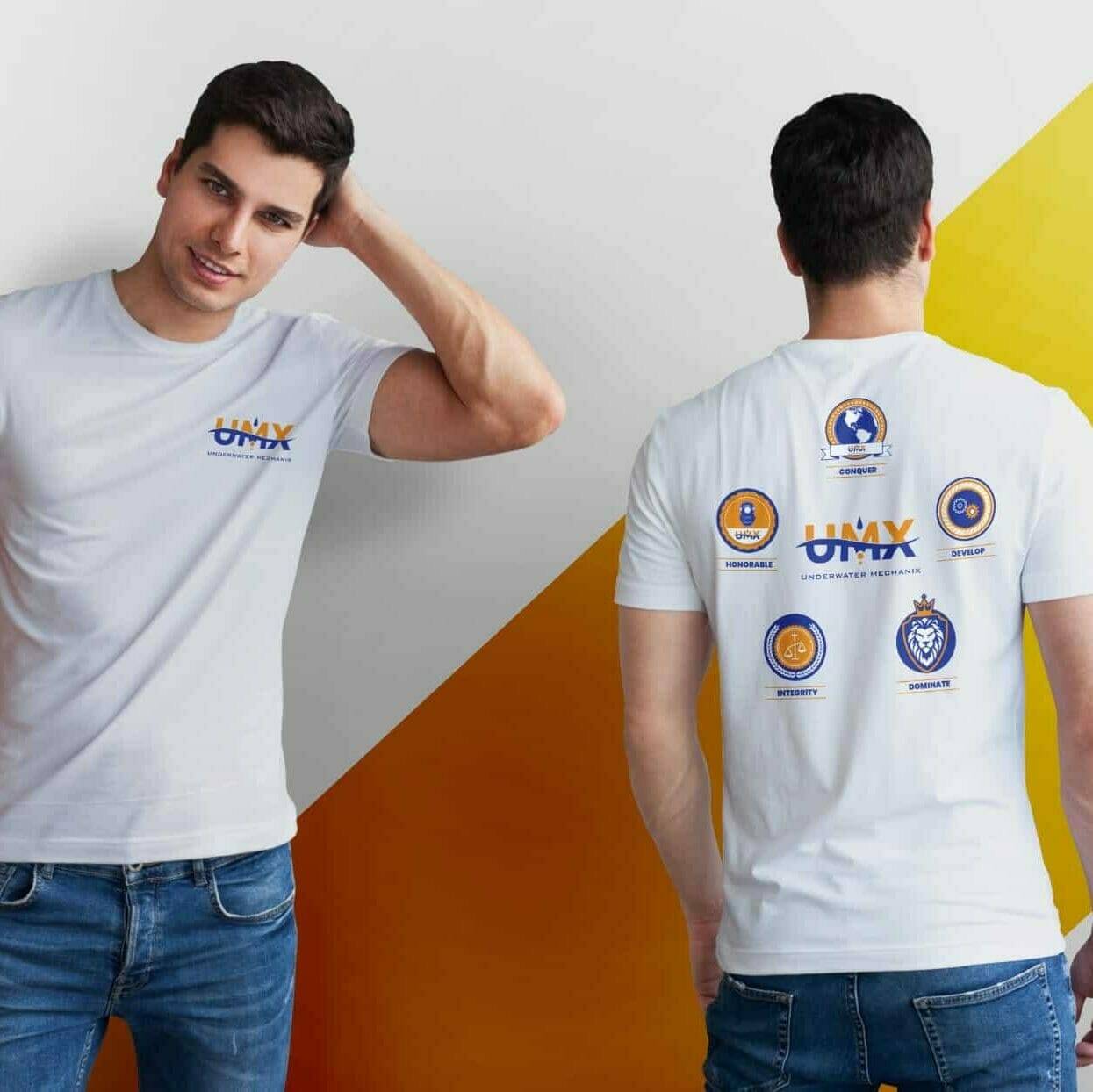 Underwater Mechanix 5 T-shirt design featuring a diver with mechanical elements, related to commercial diving web design theme.