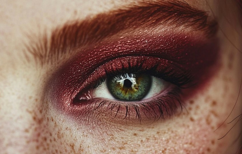 fard à paupière rouge foncé brodeau sur yeux verts