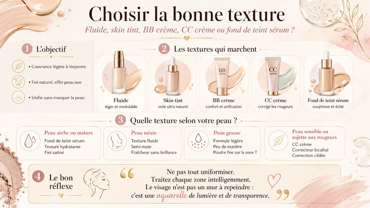 Choisir la bonne texture fluide, skin tint ou fond de teint sérum