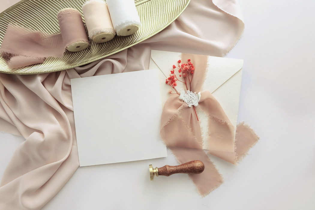 faire part mariage bohème ruban et cachet de cire