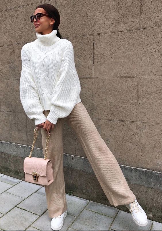 pantalon maille beige femme