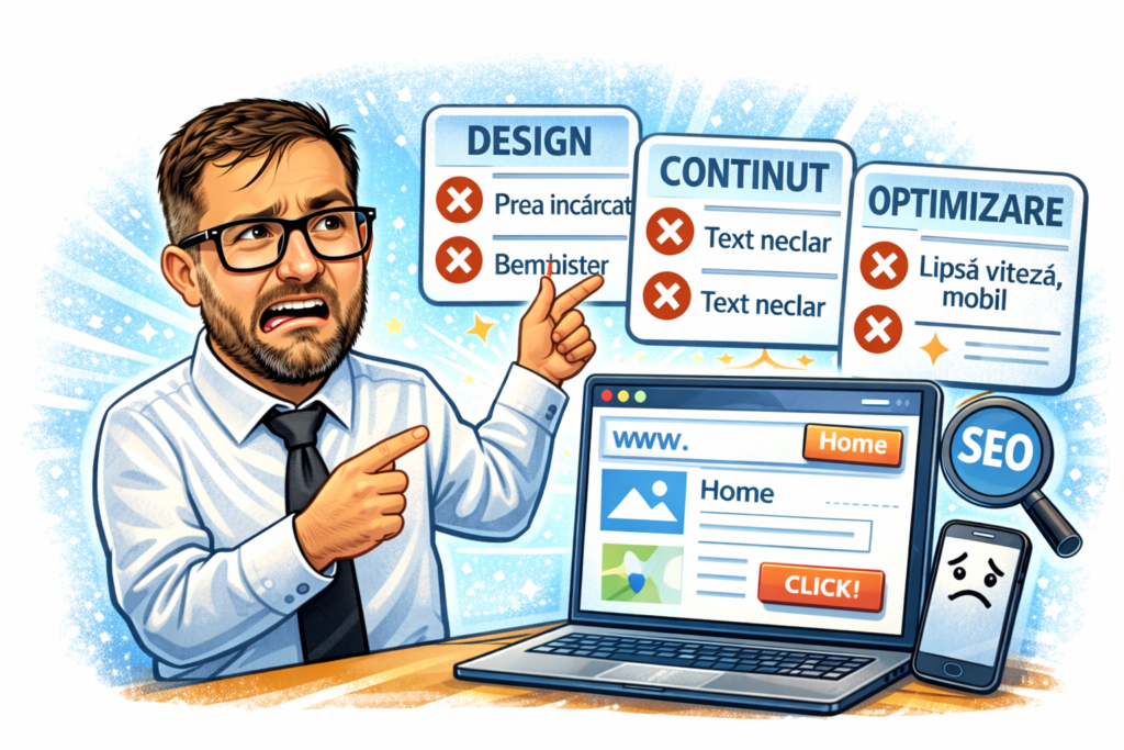 Ilustrație cu specialist web care evidențiază 3 greșeli frecvente la crearea unui website: design slab, conținut confuz și lipsa optimizării SEO
