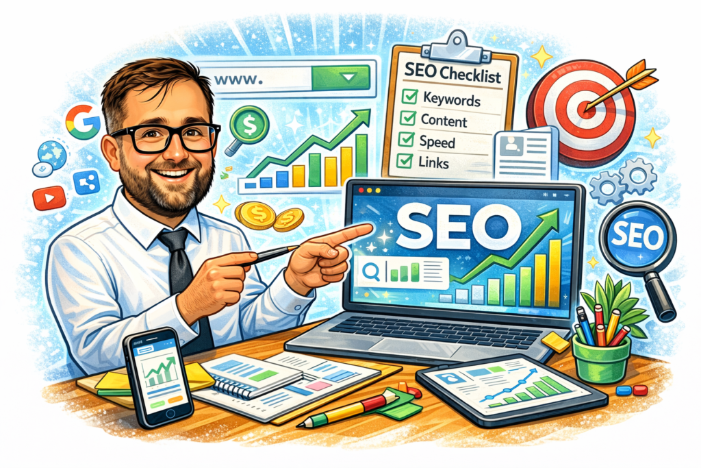 Ilustrație cu specialist SEO analizând trafic organic și creștere în Google