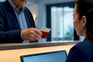 Senior presenting insurance card at clinic