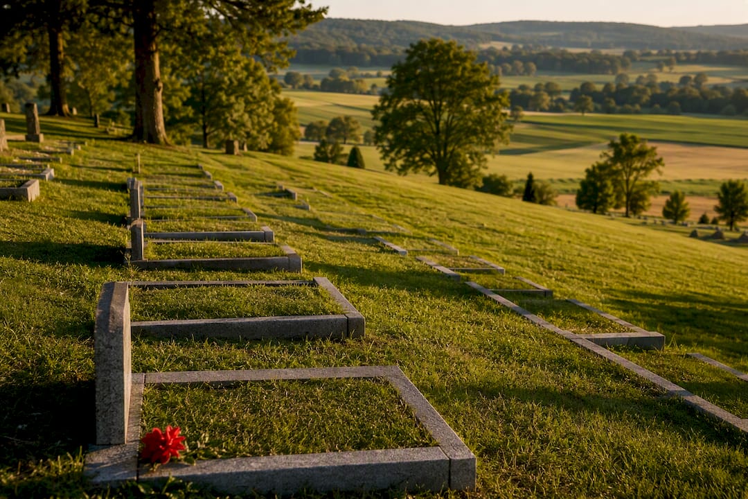 Cemetery plots across a sloping hillside