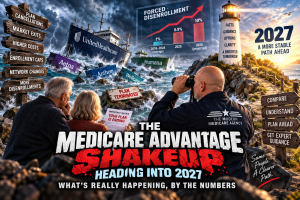Dramatic Medicare Advantage 2027 shakeup illustration showing turbulent seas, plan cancellations, carrier market exits, enrollment caps, network changes and rising forced disenrollment, with seniors looking toward a clearer path for 2027.