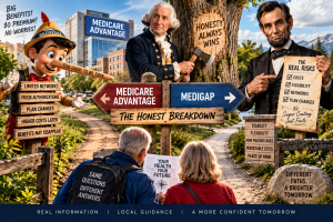 Creative Medicare Advantage vs. Medigap 2027 illustration showing seniors at a fork in the road, with George Washington, Abraham Lincoln, and Pinocchio representing an honest look at premiums, networks, prior authorization, plan changes, provider choice, flexibility, and long-term costs.