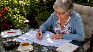 Senior woman reviewing Medicare deductible paperwork