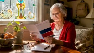 Senior woman reviewing Medicare brochure at home
