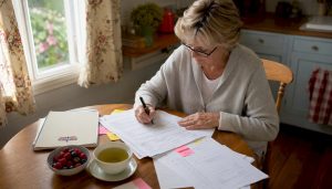 Senior woman completing Medicare forms at home