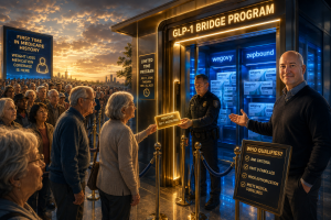 A cinematic illustration of the Medicare GLP-1 Bridge Program shows seniors waiting at a futuristic Medicare checkpoint while an older couple receives a glowing Medicare GLP-1 access pass. Paul Barrett stands beside the entrance explaining eligibility requirements as illuminated Wegovy and Zepbound medication displays are visible behind the security gate.