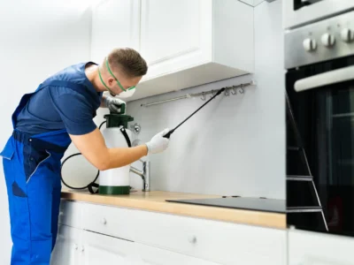 Technician wearing mask and gloves applying pest-control spray under a kitchen cabinet