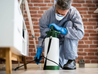 Person in protective suit, mask, and gloves kneeling with a pump sprayer applying pest control inside a brick-walled room